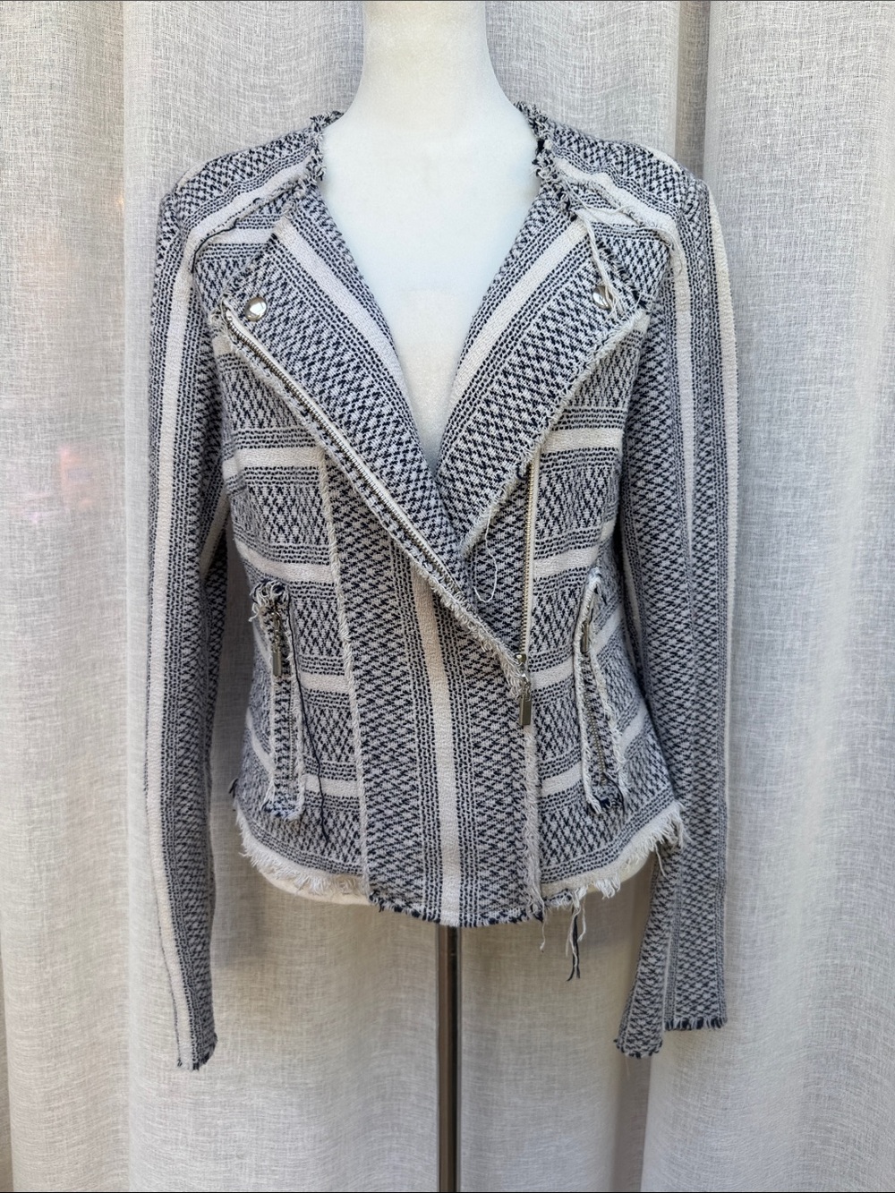 PAIGE Tweed Pattern Biker Jacket asymmetric zip closure and raw edge fringe trim